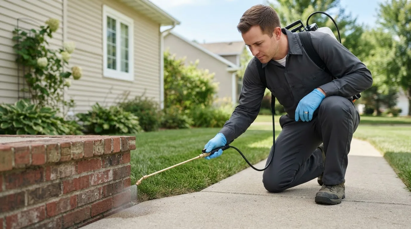 Pest control technician treating a home near Weld, ME