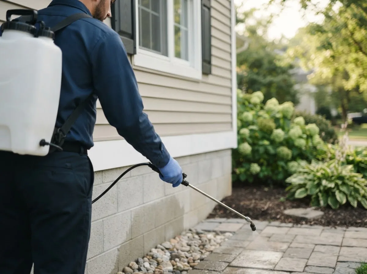 Pest control technician inspecting a home in Weld, ME